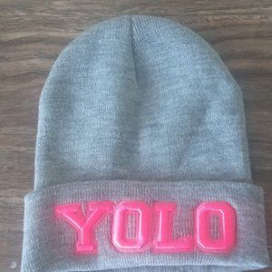 Knitted Cuffed Turn Up Ladies Beanie Hat Cap 'YOLO' Gray Color
